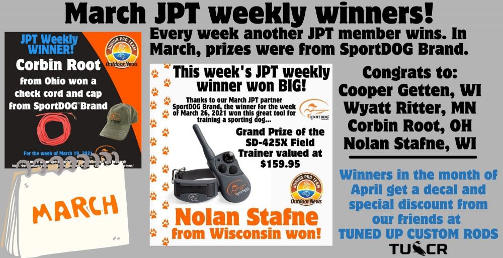 Every week another JPT member wins in our drawing. In the month of March, JPT members won prizes from SportDOG Brand, and in April they will get something from Tuned Up Custom Rods.